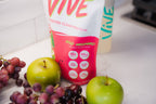Vive wild orchard protein powder bag with fruits on a kitchen counter. Best protein powder