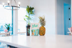 Pineapple and 'Vive' container on a kitchen counter with a blurred background. Protein Shakes