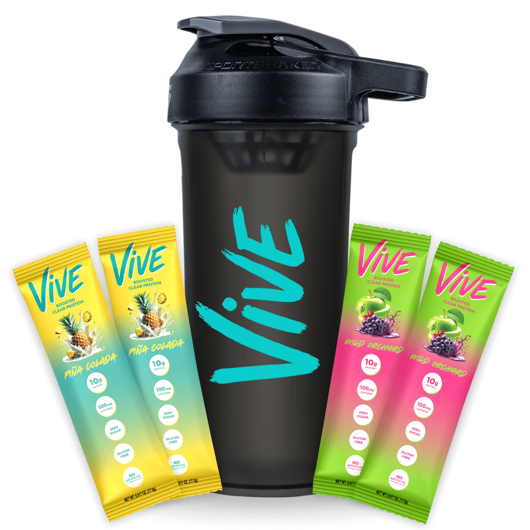 VIVE ENERGY + CLEAR PROTEIN SAMPLER (4 PACK & SHAKER)